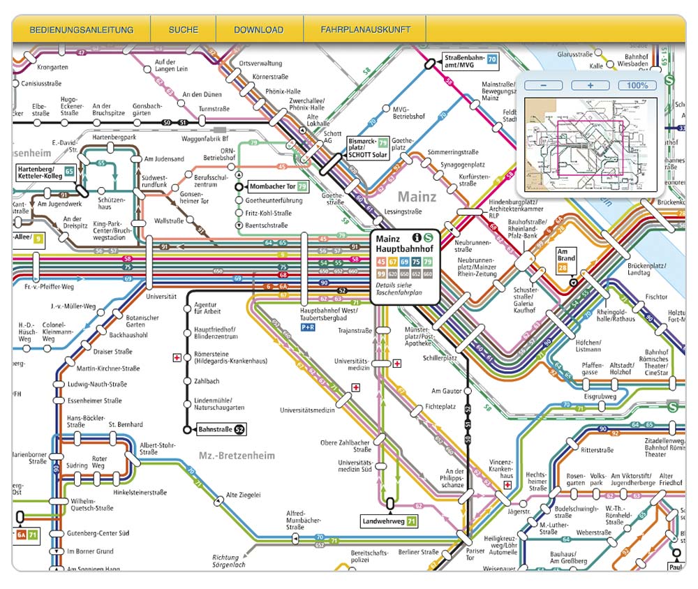Der gesamte Liniennetzplan von Mainz.